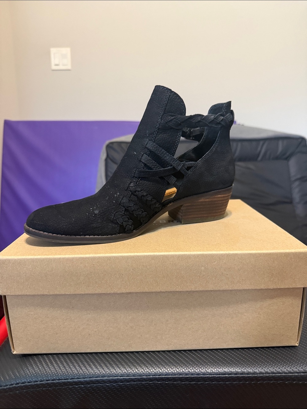 Lucky Brand Black Suede Braided Cutout Ankle Booties